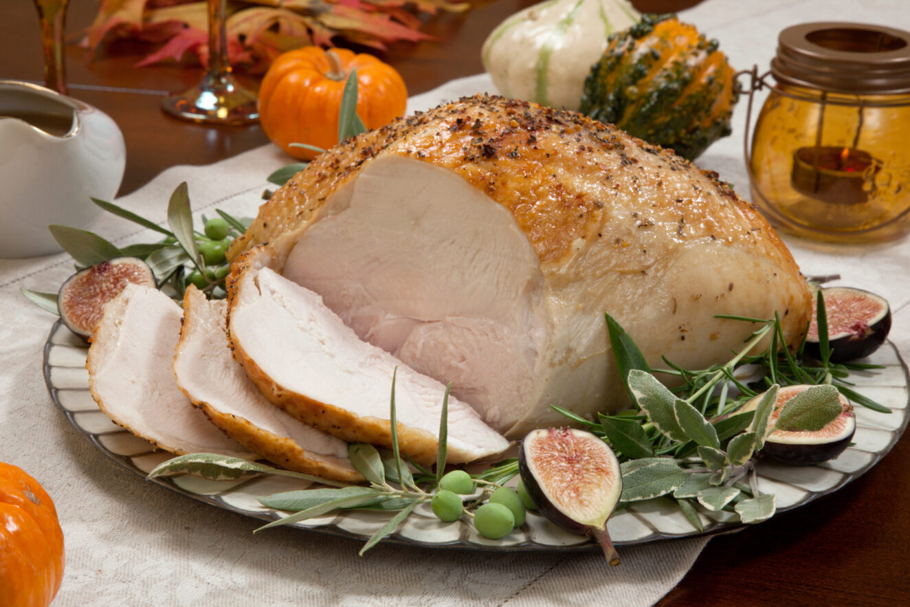 Tender turkey breast brined and smoked with a flavourful chestnut stuffing made with finely chopped chestnuts and mushrooms and fresh thyme.