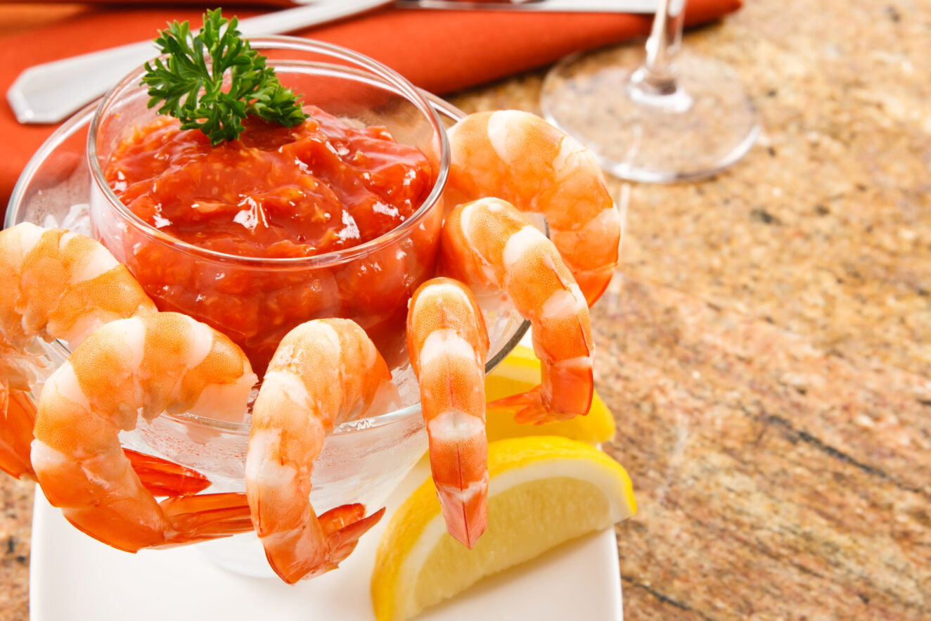 prawn cocktail consists of succulent prawns poached and deshelled, served with savoury Marie Rose sauce.